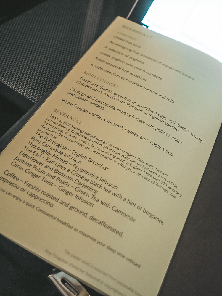 BA First Class Menu