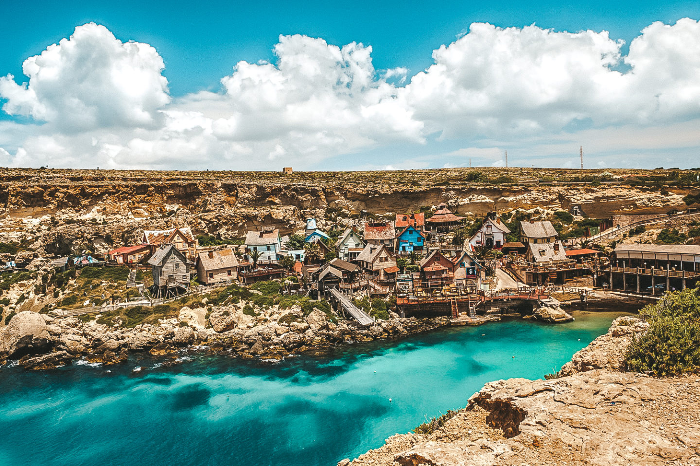 Aerial shot of the colourful houses of Popeye Village