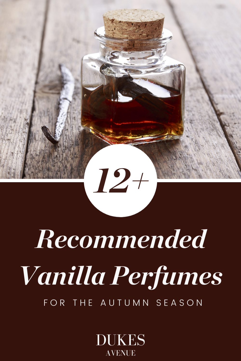 A picture of a bottle of vanilla perfume and a vanilla stick with text overlay 'recommended vanilla perfumes'