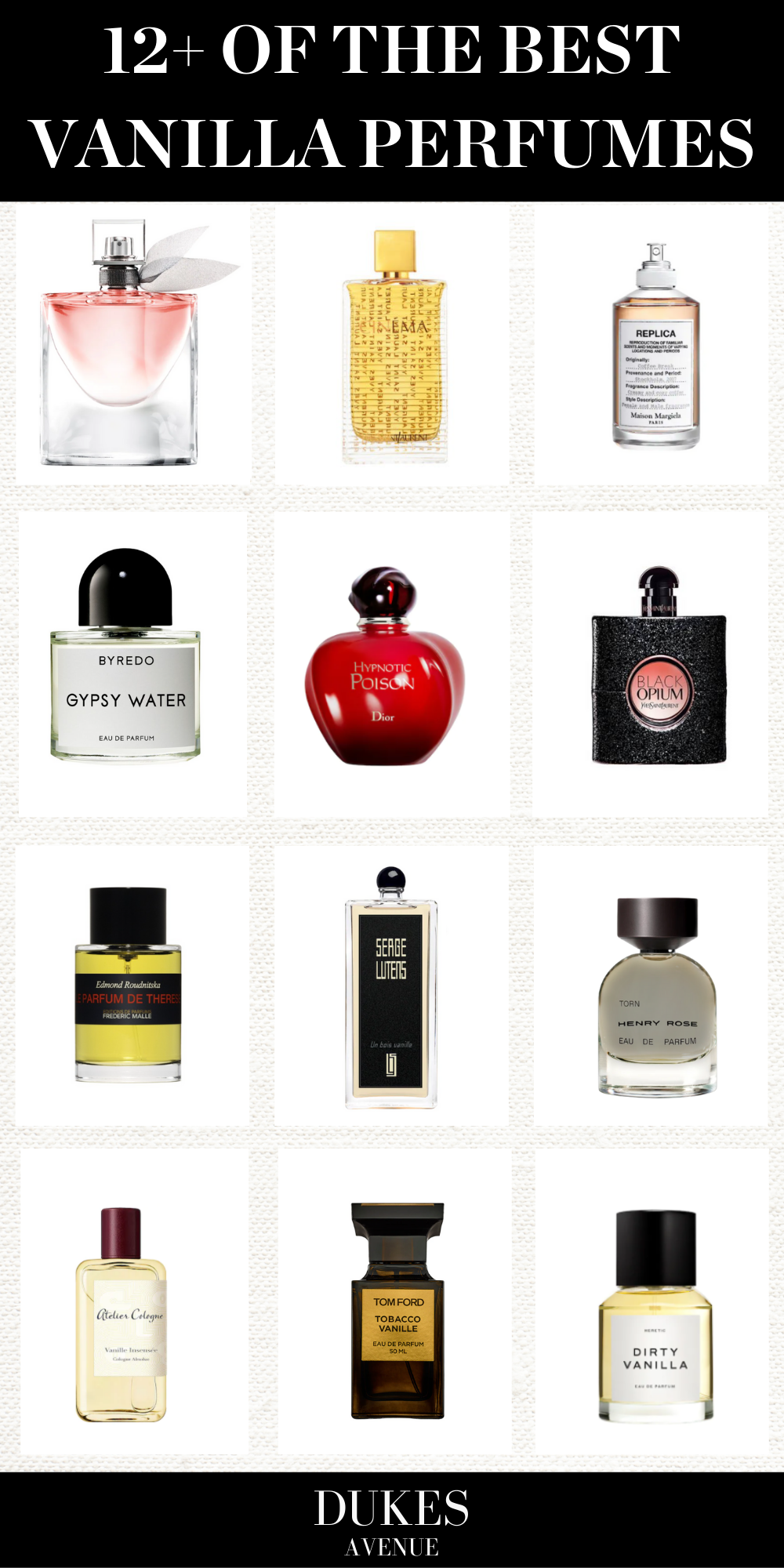 Pictures of the 12 Best Vanilla Perfumes this Season against a canvas background