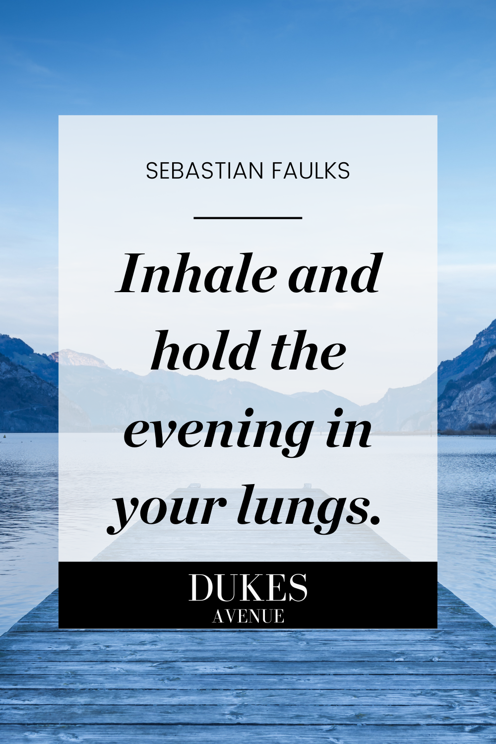Bridge leading to the sea at twilight with text overlay 'Inhale and hold the evening in your lungs'