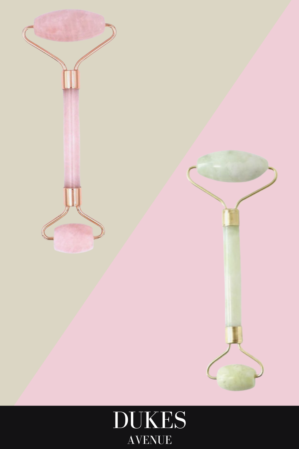 Rose quartz roller against a jade background and a jade roller against a rose background