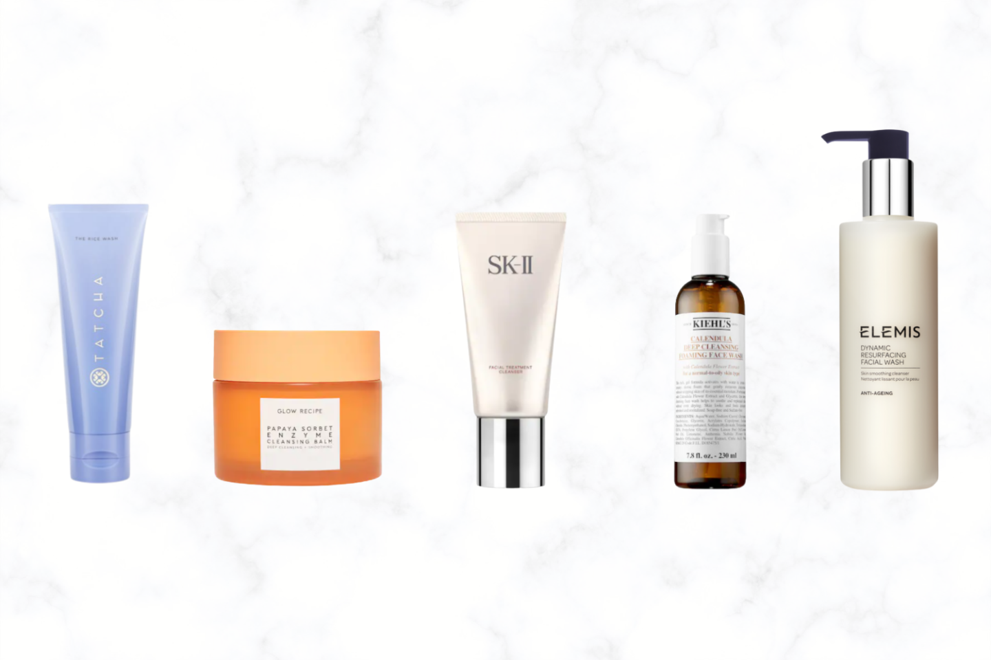 5 Cleansers and Face Washes against a marble background