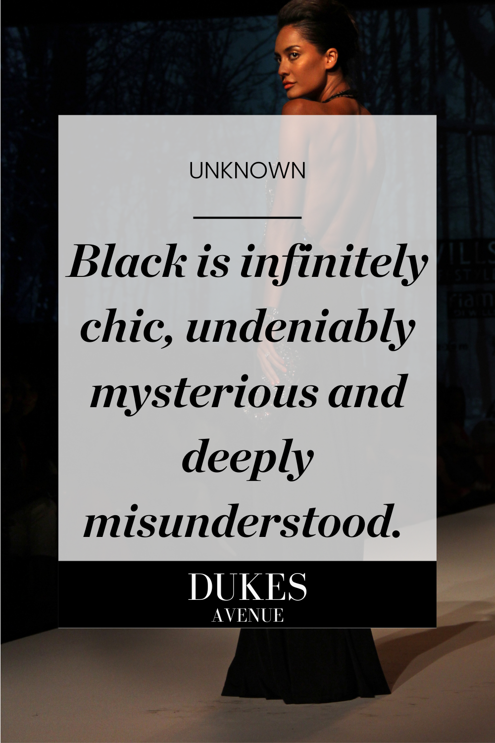 Woman wearing a floor-length backless black dress with text overlay of one of the black dress quotes in the article.