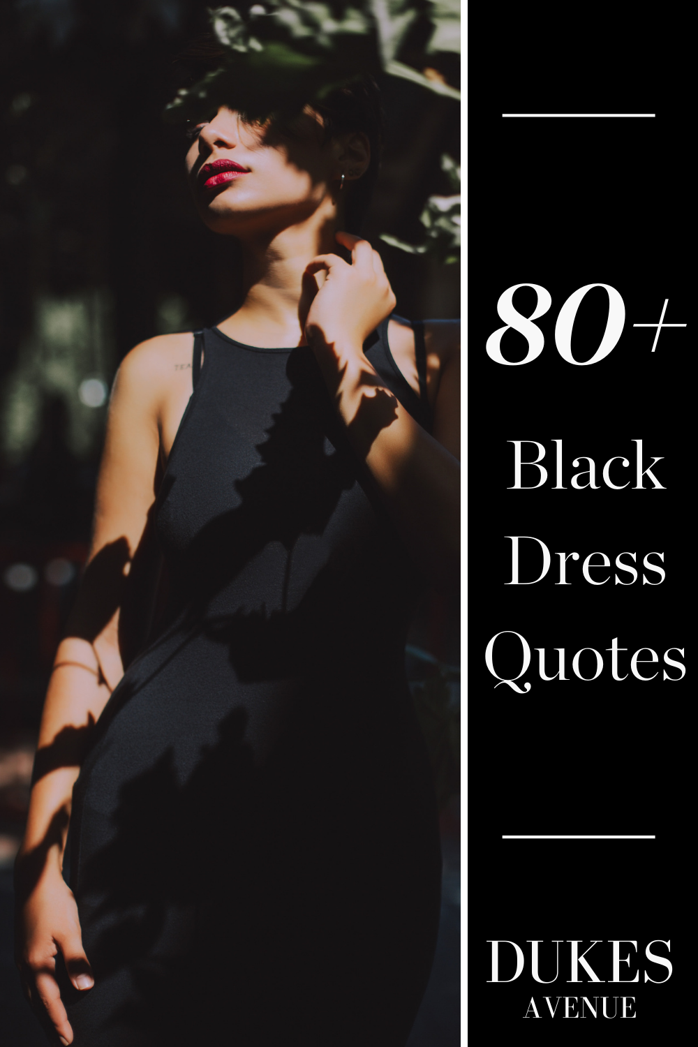 A woman wearing a black dress with text overlay "80+ black dress quotes"
