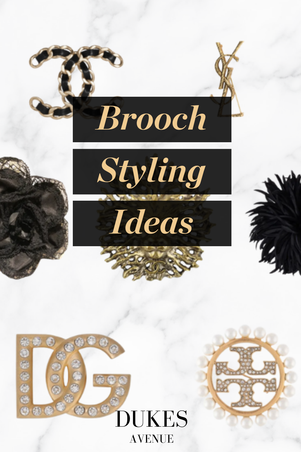 A brooch flat lay on a marble surface with text overlay "brooch styling ideas"