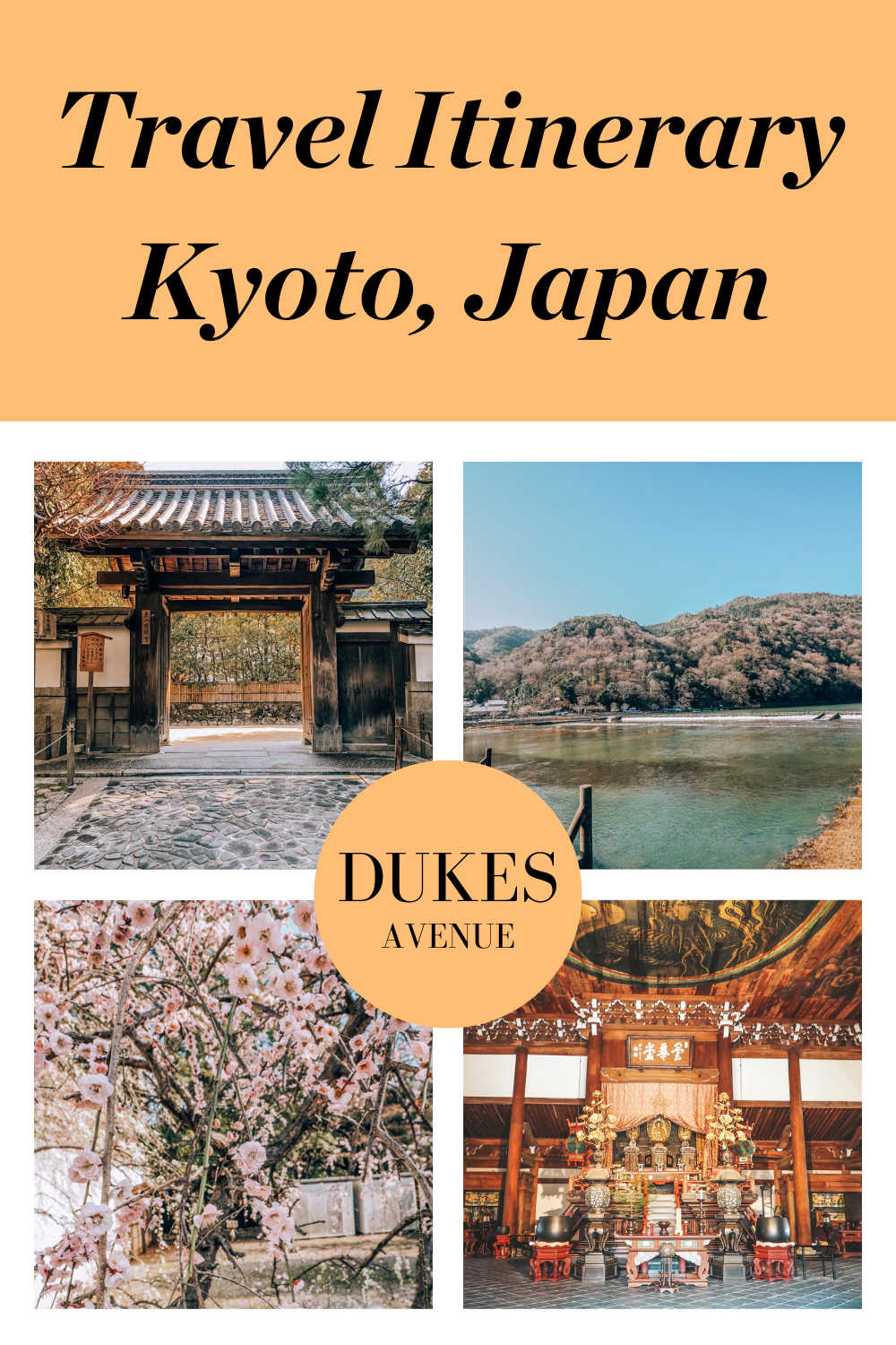 Famous spots in Kyoto with text overlay "Travel Itinerary Kyoto, Japan"