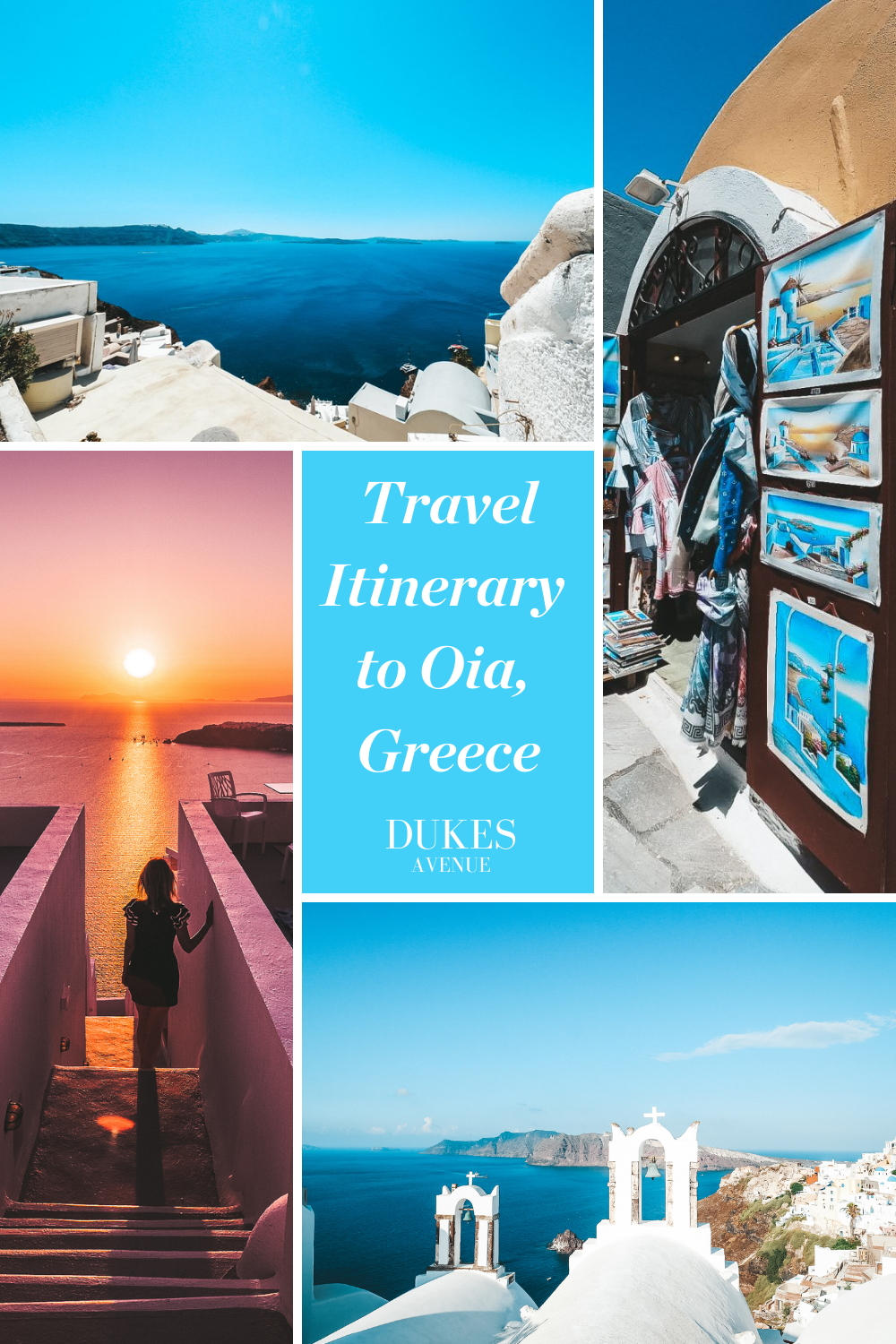 Pictures of the sea, a shop and a sunset with text overlay "Travel Itinerary to Oia, Greece"