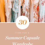 Floral summer dresses hanging in a wardrobe with text overlay '30 Items for a Summer Capsule Wardrobe'