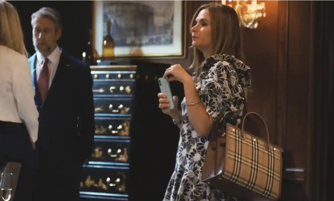 Bridget in Succession Wearing a Large Burberry Tote Bag - a great example of how not to do stealth wealth