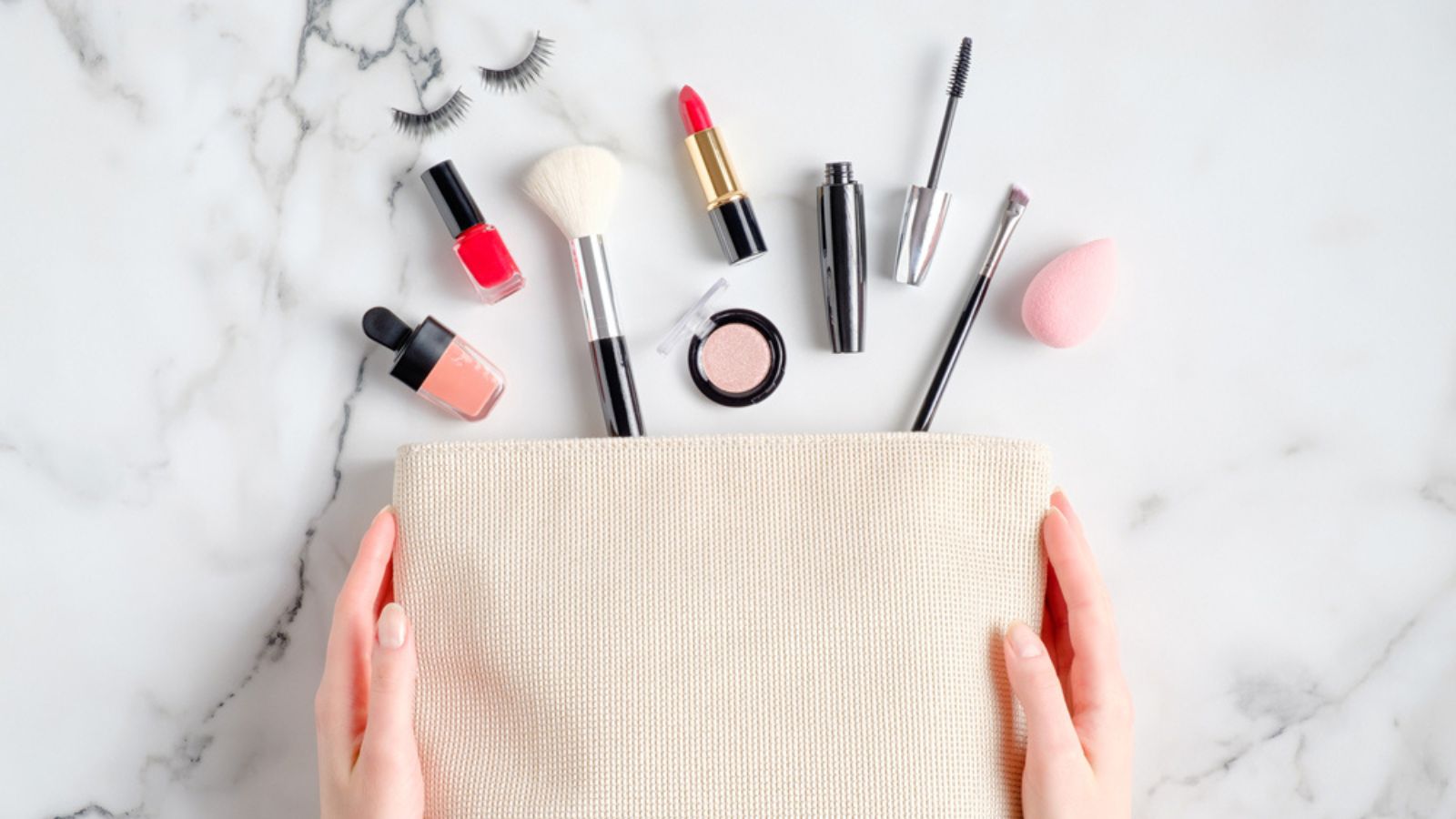 Makeup Bag on marble background