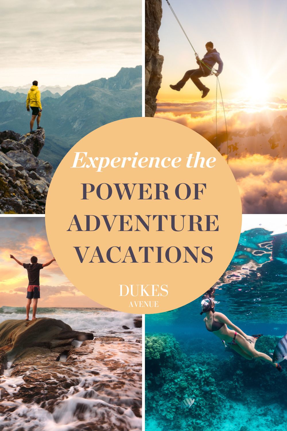 Four images of adventure travelers with text overlay 'Experience the Power of Adventure Vacations'