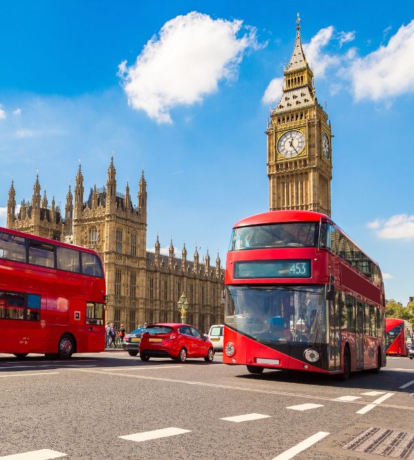 Red buses in Westminster, London