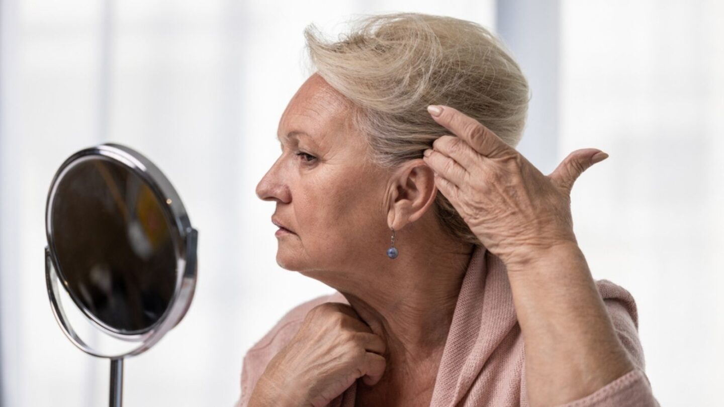 Elderly woman checking her hairline or gray hairs by looking at mirror